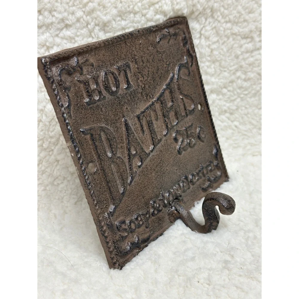 Cast Iron Wall Hook Brown Hot Baths 25 Cents Vintage Style Plaque